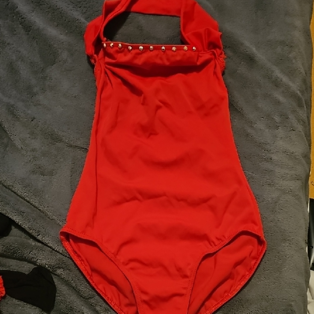 Red Halter Swimsuit with Stud Accents